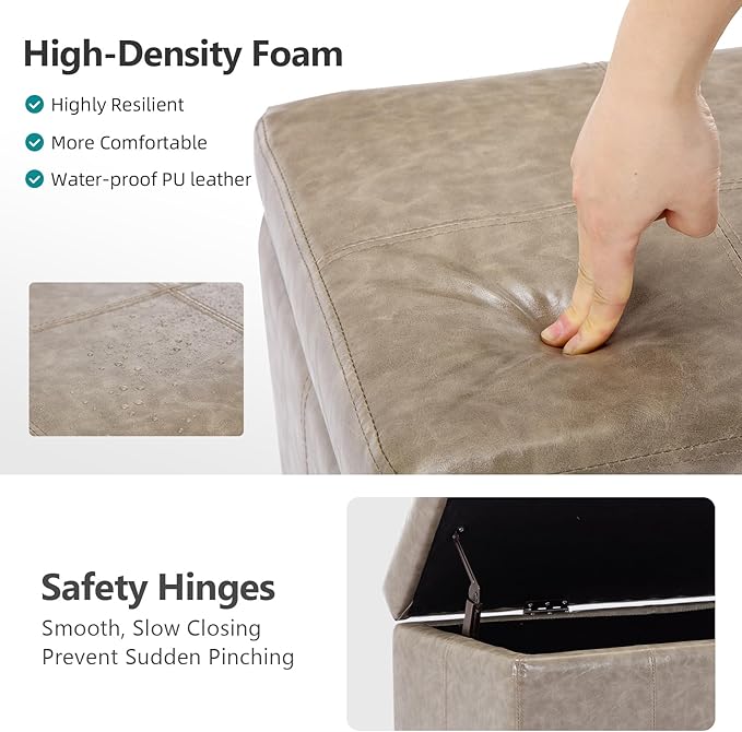 Faux Leather Ottoman with Storage, 42 Inch Rectangular Storage Ottoman Bench with Safety Hinged Lid, Large Upholstered End of Bench for Bedroom Entryway Living Room, Grey