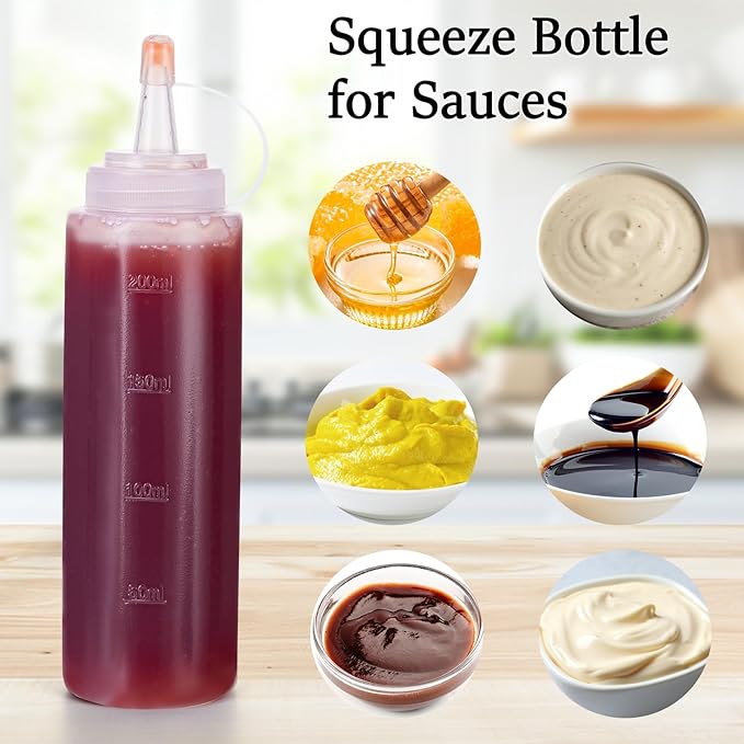Condiment Squeeze Bottles Ketchup Dispenser, 6 Pack 8oz Squeeze Bottles for Liquids, Plastic Sauce Bottle with Cap Lid, Squirt Bottles for Sauces Liquids BBQ Dressing Pancake Art