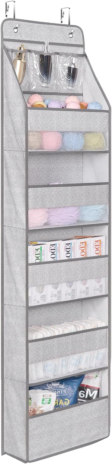 Univivi 6-Shelf Over Door Hanging Organizer Fabric Baby Door Storage with 5 Large Pockets and 3 Small PVC Pockets Wall Mount Hanging Storage Organizers for Baby Essential (Grey Pattern)