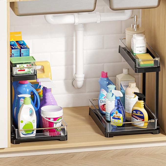 heart & home 2-Pack Under Sink Storage Organizer for Kitchen & Bathroom Cabinets with Removable Washable Tray, Tool-Free Assembly – Multi-Purpose for Vanity, Laundry & Countertop, Black