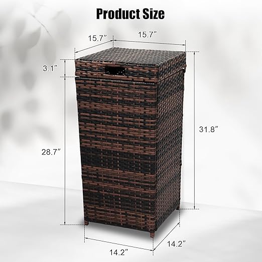 VINGLI Wicker Patio Trash Can, 27 Gallon Rattan Trash Can with Removable Lid, Outdoor Wicker Waste Basket, Wast Container (Brown)