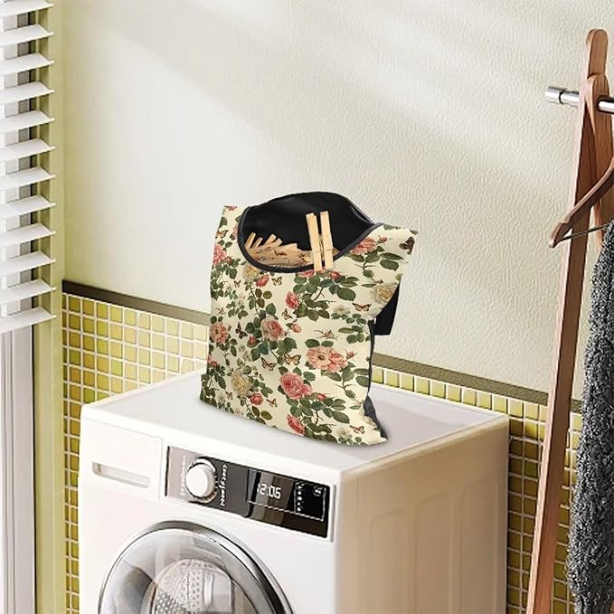 2 Pcs Floral Clothes Pin Hanging Bag with Hanging Rope 14.5 X 12 Inch Clothespin Bag for Clothes Pins and Clothespins - Heavy Duty Outdoor Use