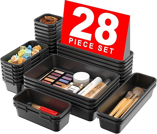 A-LuGei 【28PCS】 Drawer Organizer, Bathroom Organizers and Storage, Makeup organizer, Desk drawer organizer, Storage Bins for Kitchen Office Bedroom Vanity Jewelry Pantry Garage【Black】【4Size】