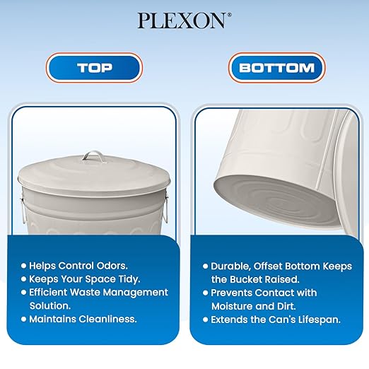 Plexon Round Trash Can 13 Gallon, Vintage Metal Outdoor Trash Can with Lid, Retro Farmhouse Garbage Container, Old School Modern Ash Bucket, Beige 6 Pack