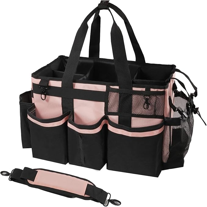 Wearable Cleaning Caddy, Cleaning Caddy Supplies Organizer with Handle & Shoulder Straps for Housekeepers, Under Sink & Car Cleaning Tool Organizers Bag with 4 Foldable Divider (Pink)