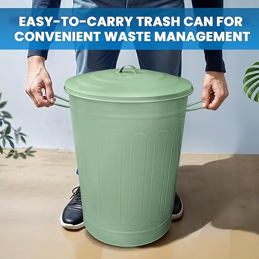 Plexon Round Trash Can 13 Gallon, Vintage Metal Outdoor Trash Can with Lid, Retro Farmhouse Garbage Container, Old School Modern Ash Bucket, Green 6 Pack