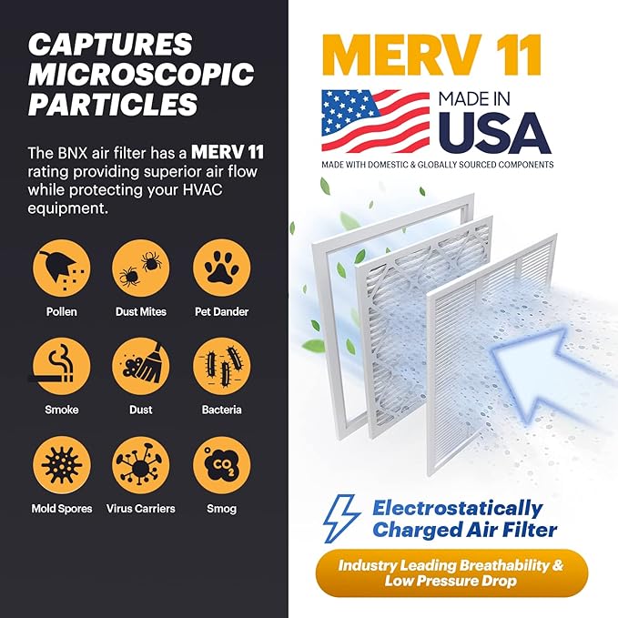 BNX TruFilter 16x20x1 Air Filter MERV 11 (6-Pack) - MADE IN USA - Allergen Defense Electrostatic Pleated Air Conditioner HVAC AC Furnace Filters for Allergies, Dust, Pet, Smoke, Allergy MPR 1200 FPR 7