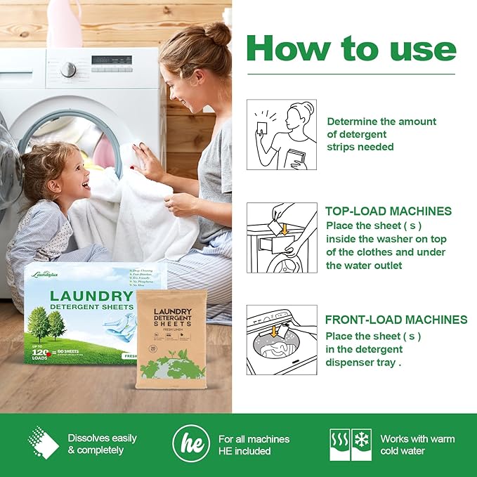 Laundry Detergent Sheet, Eco-Friendly & Hypoallergenic Wash Strips, Natural Ingredients, Ultra-Concentrated, Travel-Ready, No Plastic Jug- Fresh Scent, (120 Loads) 60 Sheets