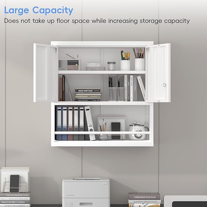 Metal Wall Storage Cabinet, Steel Storage Cabinets with Locking Doors and Shelves, Hanging Cabinet with Guard Bar, Ideal for Kitchen, Laundry, Home Office
