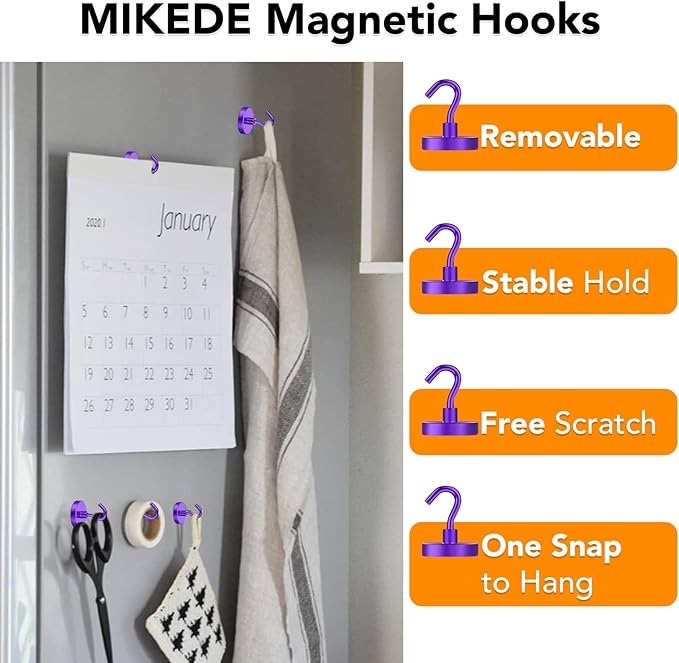 MIKEDE Magnetic Hooks,150LB Heavy Duty Magnets with Hook for Fridge, Strong Magnet Neodymium Industrial Hooks Hanging, Hanger Toolbox, Cruise(Purple, 10 Pack)