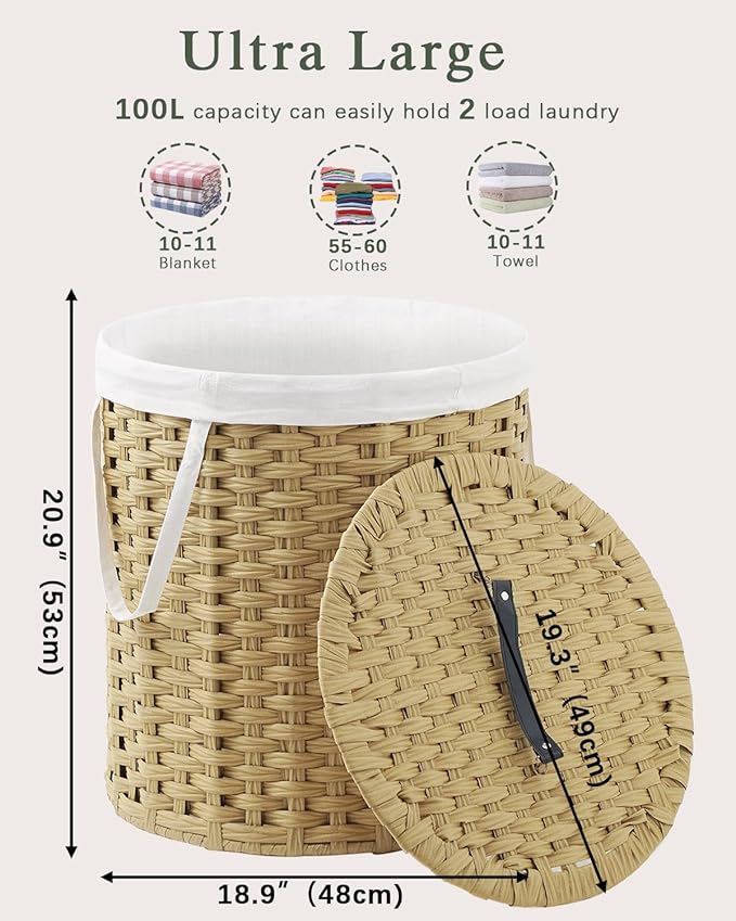 Laundry Hamper with Lid Wicker Laundry Hamper Round 26.5 Gal (100 L) Laundry Basket Handwoven Rattan Laundry Basket with Removable Bag Handles 2 Mesh Bags for Living Room Bedroom Natural