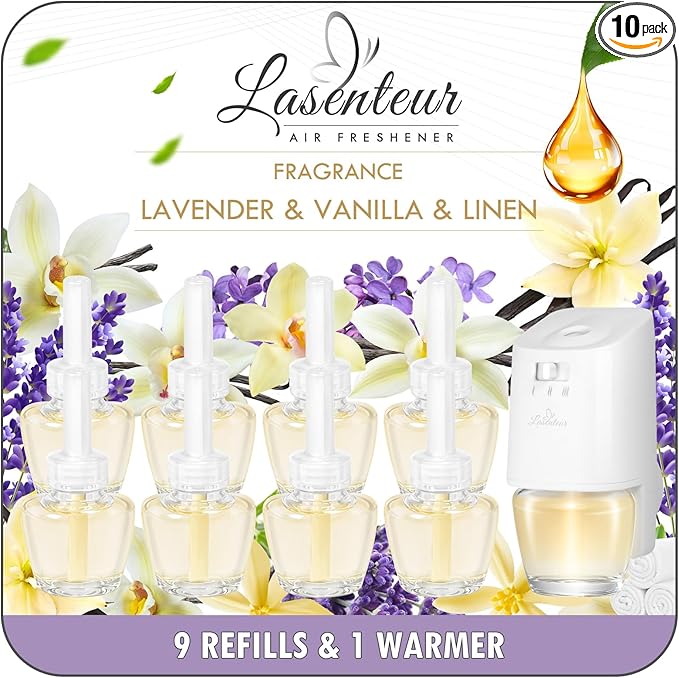 Plug-in Air Freshener Starter Kit, 1 Warmer and 9 Essential Oil Refills, Lavender, Vanilla, Linen Scent for Home, Bathroom and Office, Compatible with Air Wick and Glade Air Fresheners