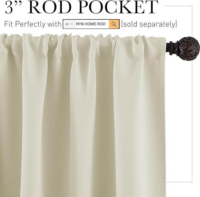 RYB HOME Short Curtains for Bedroom - Room Darkening Curtains Thermal Insulated Sunlight Block for Kitchen Cabinet Basement Bathroom Window Covering, W 52 x L 36, Beige, 2 Panels