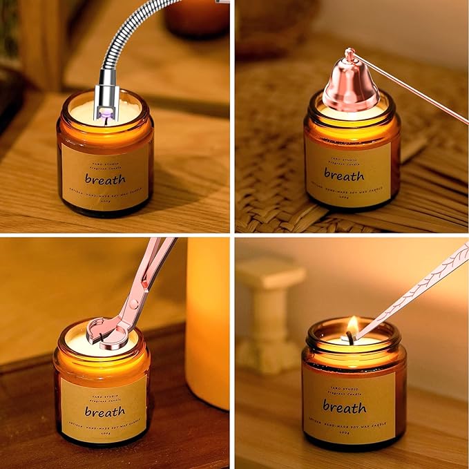 5 in 1 Candle Accessory Set,Candle Wick Trimmer Cutter Set,Candle Wick Dipper,Candle Wick Snuffer,Rechargeable Candle Lighter,Tweezers,Stainless Steel Candle Care Kit Gift for Aromatherapy(Rose Gold)…