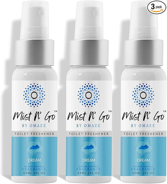 Mist N’ Go by Omaze Travel Bathroom Spray for Toilet Spray Odor Eliminator - Travel Toilet Spray for Bathroom Air Freshener Spray for Bathroom Deodorizer - Dream Regular Size (2oz x3)