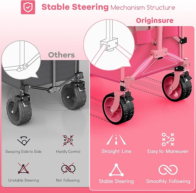 220L Collapsible Wagon Cart Foldable, 460lbs Load Capacity Heavy Duty Folding Beach Wagons with Big All-Terrain Wheels, Utility Carts for Groceries, Camping, Sports - Pink