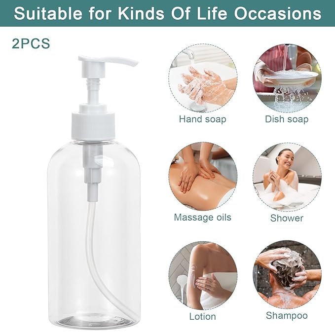 Yebeauty Pump Bottle Dispenser, 2 Pack 13.5oz/400ml Dish Lotion Soap Dispenser Plastic Liquid Shampoo Container for Bathroom Kitchen Hotel Body Wash, Clear