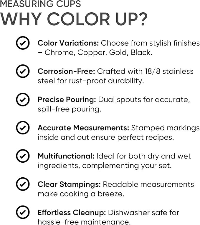 Color Up 1 Cup Measuring Cup (240 ml) – Premium Chrome Stainless Steel, Accurate for Wet & Dry Ingredients, Embossed Markings, Easy-Pour Spouts, Dishwasher-Safe, Kitchen Essential