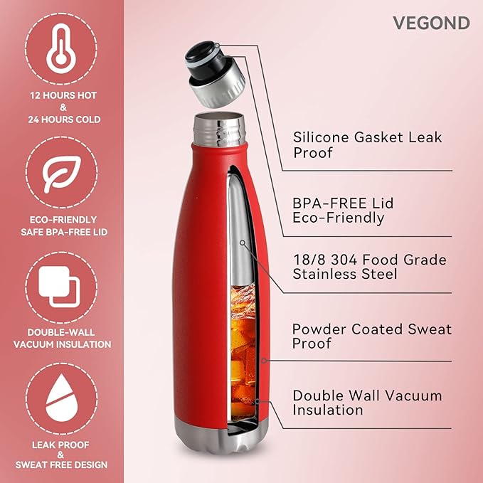 VEGOND 17oz Stainless Steel Water Bottles, Reusable Metal Sports Water Bottle Keeps Drink Hot and Cold, BPA Free Double Wall Vacuum Cola Shape Insulated Water Bottle for Camping Gym, 1 Pack