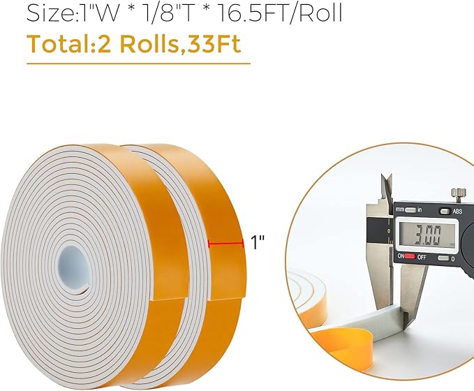 33 Feet Weather Stripping Door Seal, 1" Wide X 1/8" Thick Door Seal Strip High Density Foam Tape Adhesive Strip for Door Soundproofing,Window Insulation (1" x 1/8" x 33FT,White)