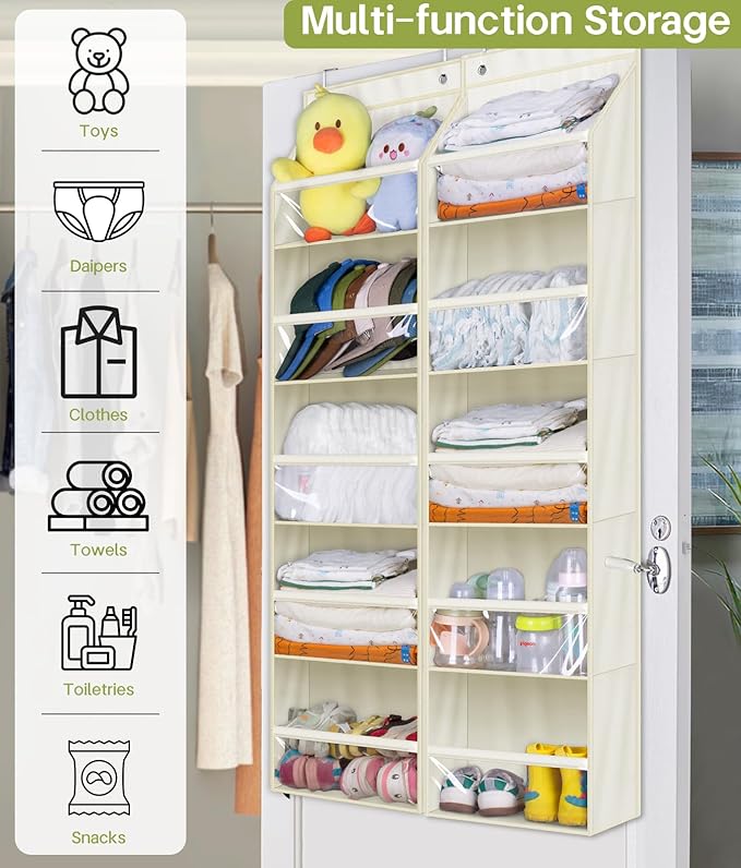 AOODA 2 Pack Over the Door Organizer, Large Capacity Closet Door Hanging Organizer, Clear Deep Pockets Baby Storage for Nursery, Bathroom, Bedroom, Pantry, Diapers (Light Yellow)