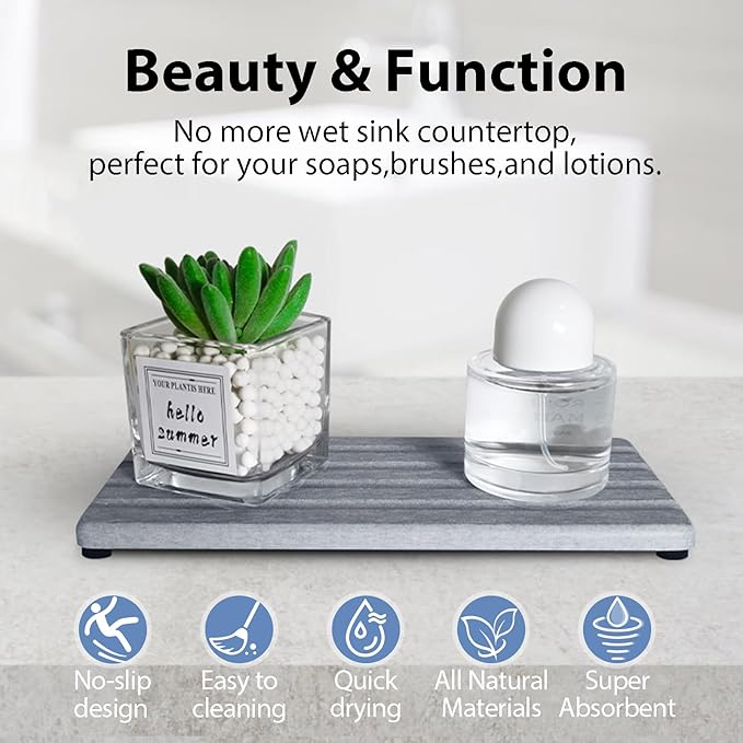 2 PCS Water Absorbing Stone Trays for Bathroom Sink & Kitchen Counter, Fast-Drying Diatomite Sink Caddy, Vanity Tray, Hand Soap Holder with Anti-Skid Pads (Grey, 7.9" x 4"/20 x 10cm)