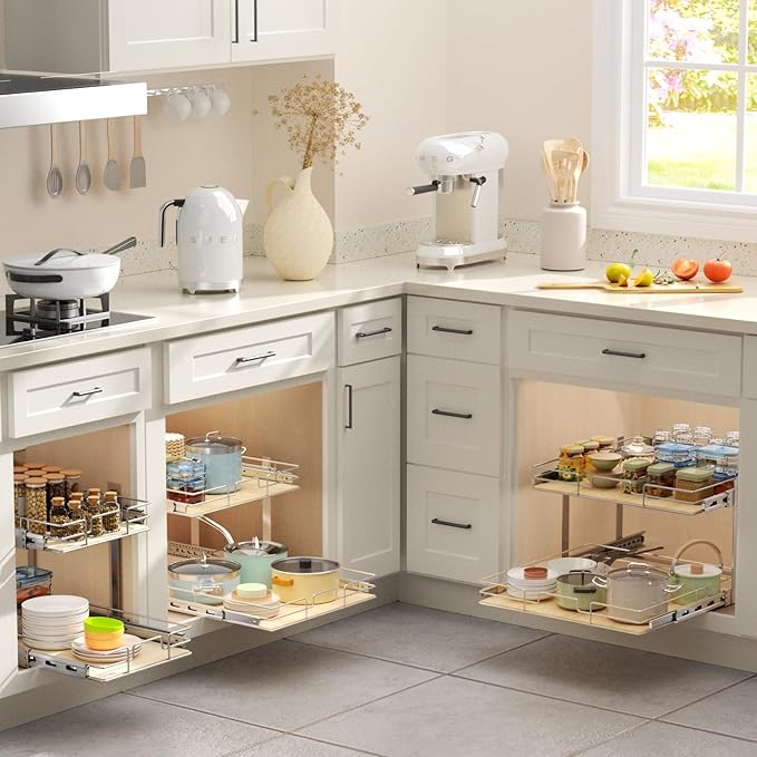 ROOMTEC 2 Tier Individual Pull Out Cabinet Organizer 22½"W x 21½"D, Slide Out Wood Shelves Organizers, Pull Out Drawers Organization and Storage for Kitchen Cabinet