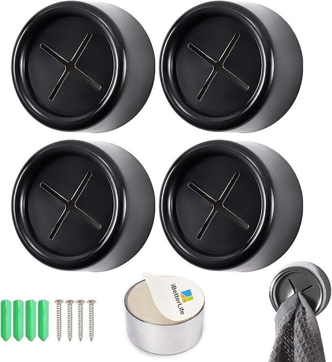 Adhesive Kitchen Dish Towel Hooks - 4 Pack iBetterLife Hand Towel Holder for Cabinet, Push Towel Hook, Dish Cloth Rag Holder for Home Bathrooms, Kitchens, Garages, RV, Within Easy Reach, Matte Black