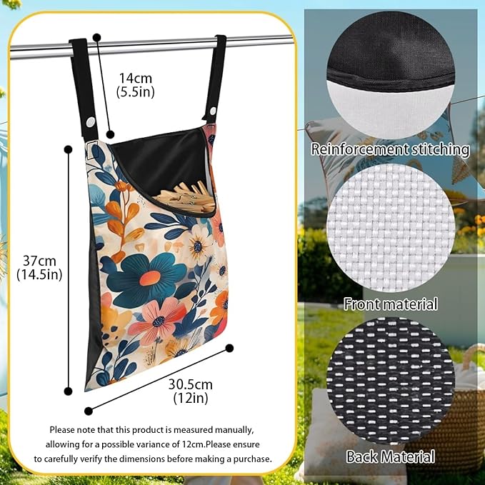 Colorful Gorgeous Flowers Rotatable Clothespin Storage Bag - Large Opening Waterproof Organizer for Laundry Room, Garden and Clothesline Hanging
