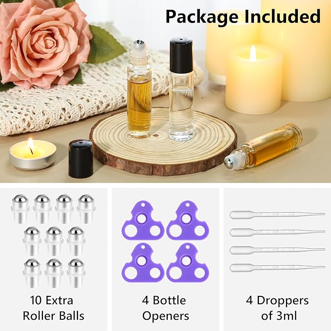 KEYWING 54 Pack Clear Essential Oil Roller Bottles – 10ml Glass Roll-On Bottles with Stainless Steel Roller Balls & Caps, Refillable Perfume Containers for Travel & DIY