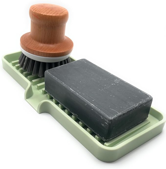 Happitasa Silicone Soap Dish Tray and Sponge Holder with Drain Chute | Bathroom and Kitchen Sink Organizer Caddy (Pistachio, 9"x3.5", 5.6 Ounces)