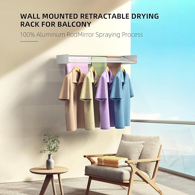 Laundry Drying Rack, Collapsible Wall Mounted Clothes Drying Rack - Foldable,Space Saving, 13.2 Linear Ft, 5 Aluminum Rods, 60 lb Capacity (White, 40")
