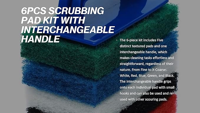 6pcs Scrubbing Pad Kit Interchangeable Reusable Handle | 5 Different Scrubbing & Scouring Pads: Red, White, Blue, Green, Black | for Bathroom, Kitchen, Grill, Teak, Boat Hull Bottom Cleaning
