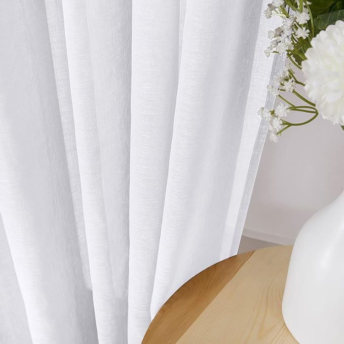 Tollpiz Sheer Curtains Living Room Linen Textured Curtain Sheers Light Filtering Voile Rod Pocket Curtains for Bedroom, 38 x 63 inches Long, White, Set of 2 Panels