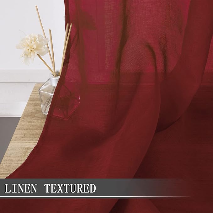 Tollpiz Short Sheer Curtain Linen Textured Living Room Curtains Sheer Light Filtering Rod Pocket Voile Curtain for Bedroom, 42 x 54 inches Long, Burgundy Red, Set of 2 Panels