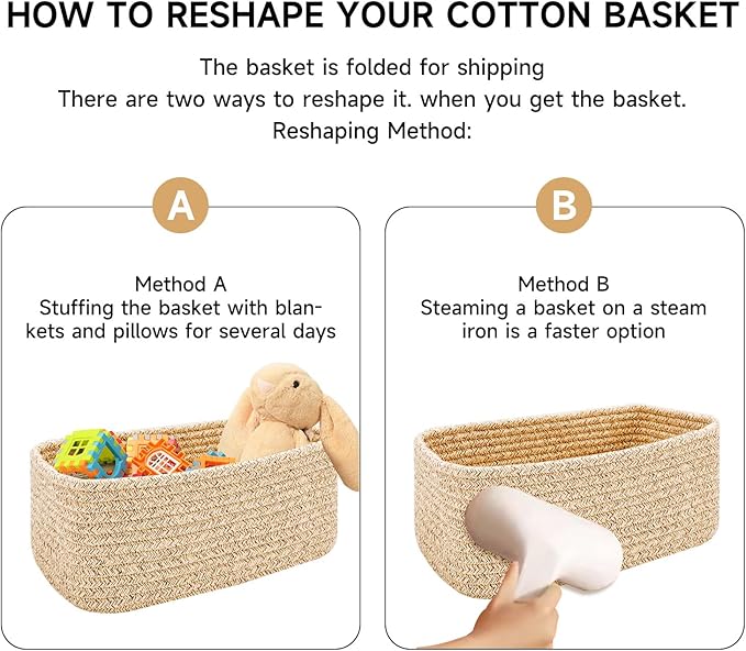 Small Storage Baskets for Organizing | Closet Organizer Bins | Shelf Toy Basket | Woven Rope Baskets | Cube Decorative Box | Shallow Basket | 11.5x7.5x4.7” | 4 Packs White Brown