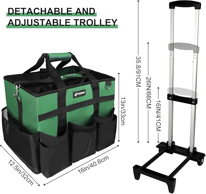 Large Rolling Cleaning Caddy Bag with Wheels, Cleaning Bag with Detachable Trolley, Cleaning Bags on Wheels for Housekeepers, Cleaning Cart Supplies Organizer for Home, Car, Picnic (Green)