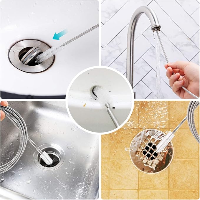Extra-Thick Drain Brush with Stronger Spring 61-Inch Stainless Steel and Nylon Pipe Cleaner for Flexible, Curved & Slim Holes, Stronger Spring Version