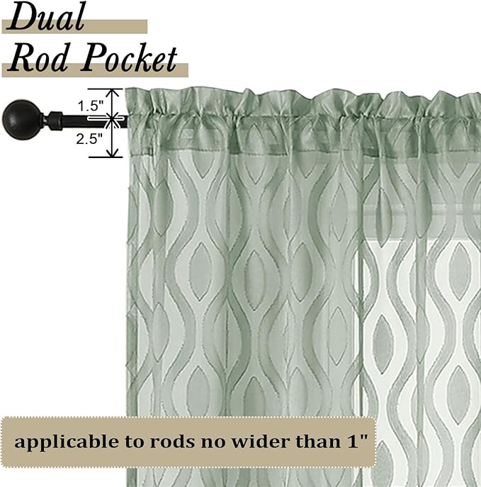 Aiyufeng Sheer Green Curtains 54 Inch Length 2 Panels, Soft Lightweight Clip Jacquard Textured Farmhouse for Bedroom, Modern Wavy Line Voile Sheer for Living Room, 40" Wx54 L Inches