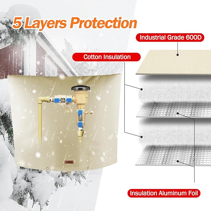 Backflow Preventer Pipe Insulation Cover (5°F) - Irrigation Sprinkler Valve Insulated Pouch - Water Well Pump Cover - Sturdy 5 Layers for Winter Freeze Protection, 36" W x 30" H, Beige