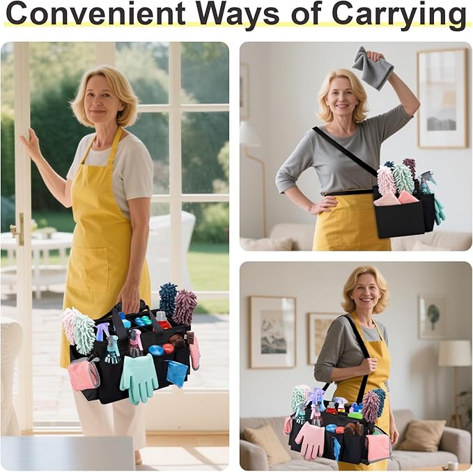 Wearable Large Cleaning Caddy Bag for Housekeeper, Clean Supply Organizer with Adjustable Shoulder, Waist & Handle Straps, Detailing Bag for Kitchen Supplies (Black)