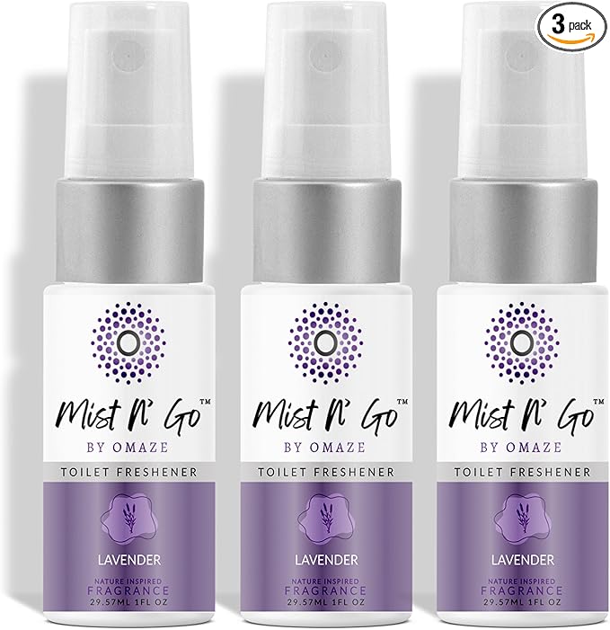 Mist N’ Go by Omaze Travel Bathroom Spray for Toilet Spray Odor Eliminator - Travel Toilet Spray for Bathroom Air Freshener Spray for Bathroom Deodorizer - Lavender Travel Size (1oz x3)