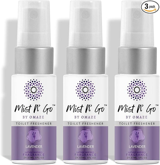 Mist N’ Go by Omaze Travel Bathroom Spray for Toilet Spray Odor Eliminator - Travel Toilet Spray for Bathroom Air Freshener Spray for Bathroom Deodorizer - Lavender Travel Size (1oz x3)