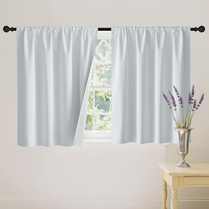 RYB HOME 100% Blackout White Short Curtains, Thermal Insulated Total Room Darkening Noise Reducing Curtains Tier for Cafe Kicthen Basement, 52 inches Wide by 36 inches Long