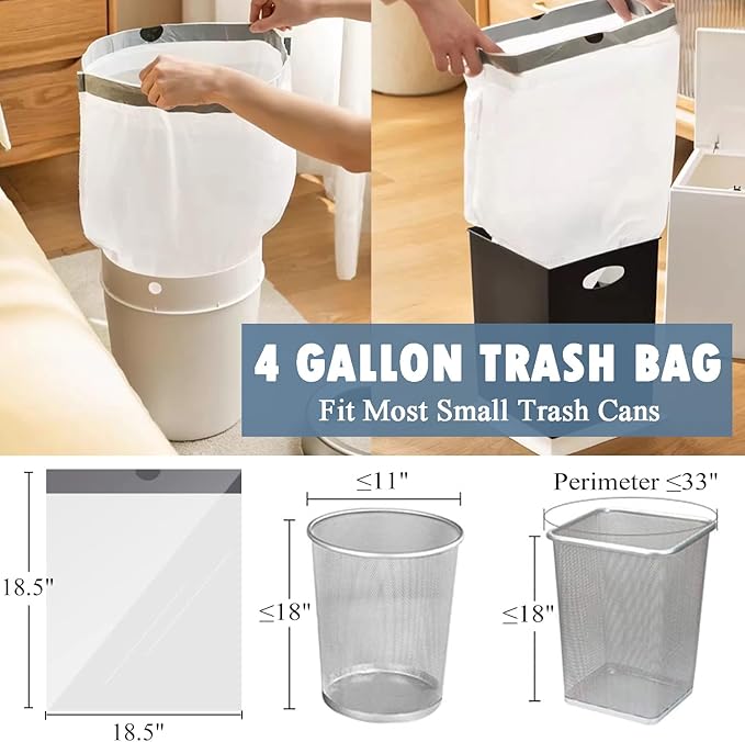 Small Trash Bags 4 Gallon - 57 Count Drawstring 4 Gallon Trash Bag, Pre-separated Small Garbage Bags Bathroom Trash Bags, Unscented White 4 Gal Trash Can Liners