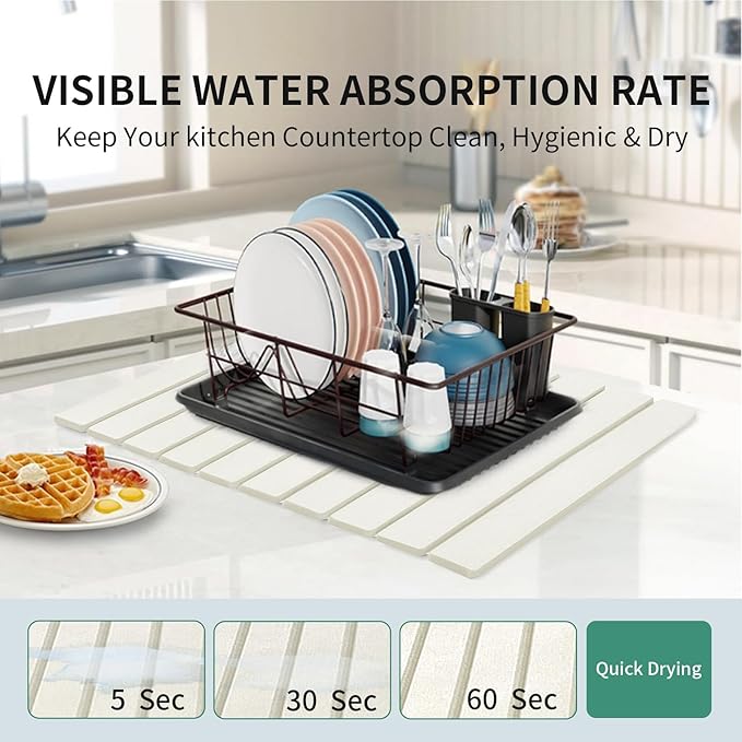 Stone Drying Mat for Kitchen Counter, Collapsible Dish Drying Mat, Fast Drying Diatomaceous Earth Dish Drying Mats, Water Absorbent Diatomite Kitchen Mat (white, small)