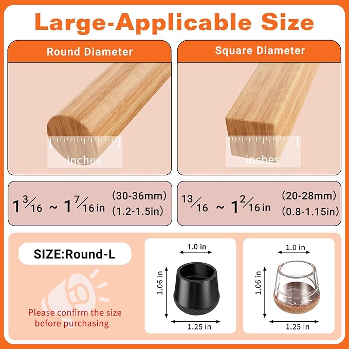 Chair Leg Floor Protectors Large 24Pcs,Silicone Chair Leg Protectors for Hardwood Floors/Tiles,360°Wrapped Felt Bottom to Prevent Scratch and Reduce Noise, Round Black