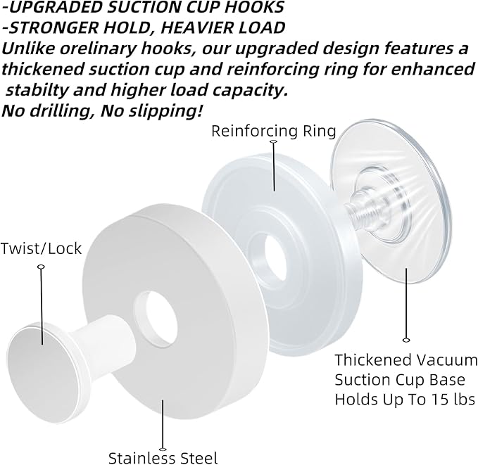 2025 Upgraded Stainless Steel Heavy Duty Suction Cup Hooks For Shower Bathroom Accessories Removable Hook For Glass Window Door Wall Hooks For Hanging Towels Robes Wreaths (Pack Of 2, White)