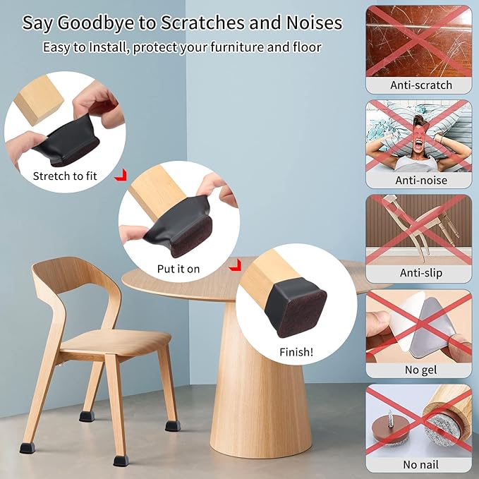 Ezprotekt 8 Pcs Extra Large Square Chair Leg Floor Protectors, Silicone Felt Furniture Pads for Hardwood Floor, Dining Table Bar Stool Leg Protectors Leg Cups Covers (XL Fit: 1.5" - 2", Black)