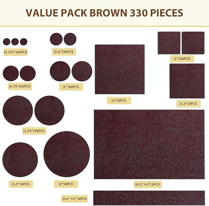 Ezprotekt 330 Pcs Felt Furniture Pads for Hardwoods Floors, Self Adhesive Cuttable Chair Felt Pads, Anti-Scratch Furniture Feet Floor Protectors Pads for Desk Sofa Bed Table Cabinet (Brown)